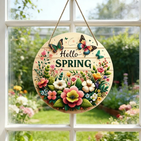 Targa Da Appendere Rotonda In Legno Hello Spring Con Motivi Di Fiori E Farfalle Per Porta Ingresso Giardino Decorazione Parete