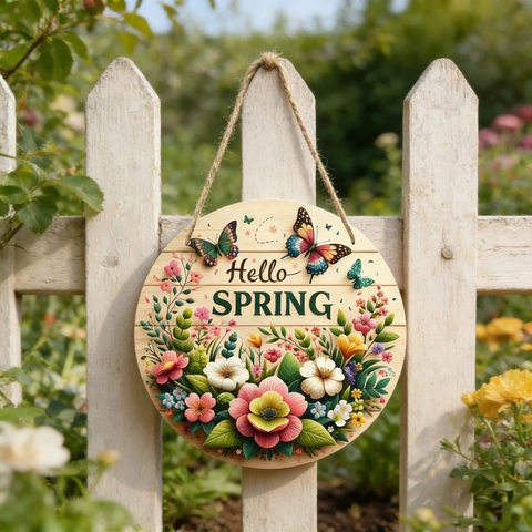 Targa Da Appendere Rotonda In Legno Hello Spring Con Motivi Di Fiori E Farfalle Per Porta Ingresso Giardino Decorazione Parete