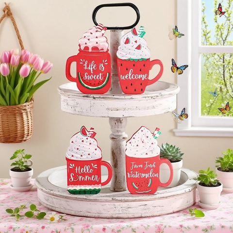 Watermelon Summer Tiered Tray Decor Wooden Ornaments Cup Shaped Fruit Desktop Home Decor Signs