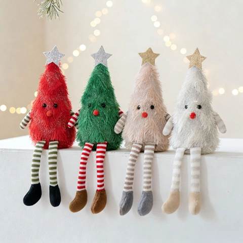 Kerstboom Vorm Pluche Pop Ornament Lange Gestreepte Benen Zittend Speelgoed Voor Vakantie Huis Tafeldecoratie Nieuwigheid