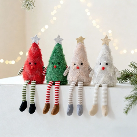Kerstboom Vorm Pluche Pop Ornament Lange Gestreepte Benen Zittend Speelgoed Voor Vakantie Huis Tafeldecoratie Nieuwigheid