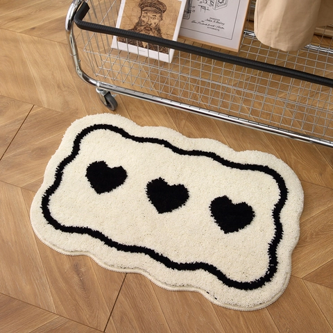 Alfombrilla Absorbente Estilo Ins Patrón Corazón Borde Ondulado Irregular Alfombra Antideslizante Poliéster Flocado Para Baño Dormitorio Decoración Hogar