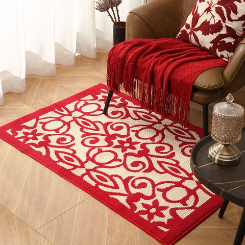 Zerbino d'Ingresso Floreale Rosso Motivo Geometrico Vintage Tappeto Antiscivolo in Polipropilene per Casa Matrimonio Decorazione