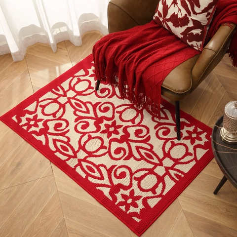 Zerbino d'Ingresso Floreale Rosso Motivo Geometrico Vintage Tappeto Antiscivolo in Polipropilene per Casa Matrimonio Decorazione