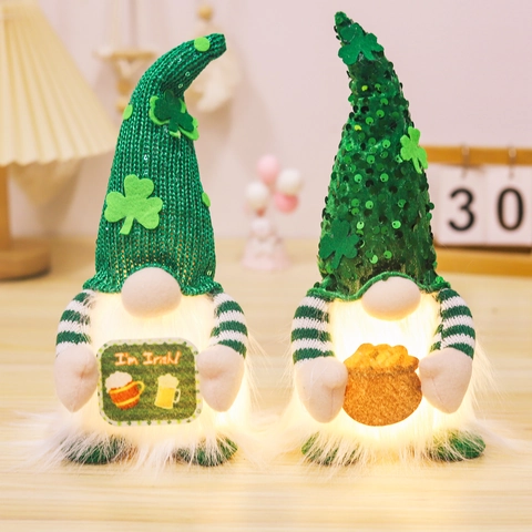 St Patrick Day Leuchtender Zwerg Plüschpuppe Leuchtet Auf Irisches Kleeblatt Gesichtslos Puppe Figur Feiertag Haus Deko Geschenk