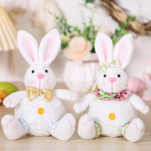 Ornamento Bambola Coniglio Peluche Bianco Di Pasqua Figurina Coniglietto Morbido Con Papillon A Quadretti E Bottone Regalo