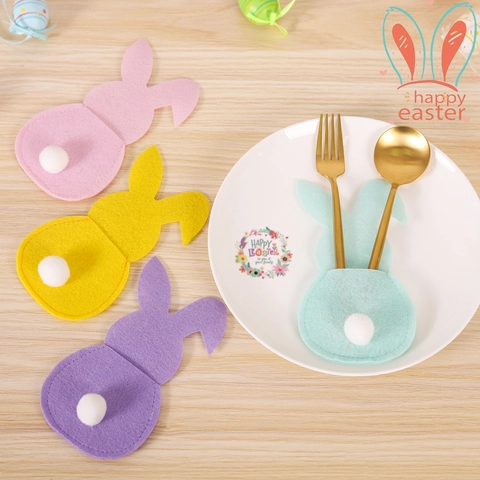Felt Easter Bunny Cutlery Holder Rabbit Shape With Plush Ball Tail Dining Table Decor Kitchen Party Decoration Colorful