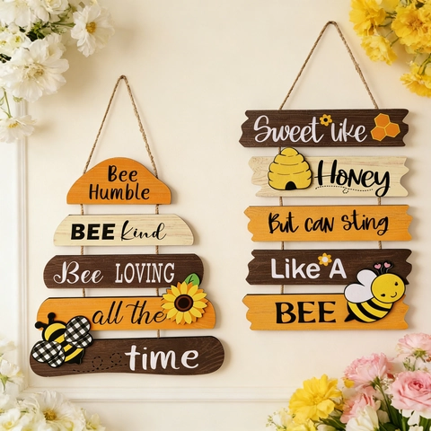 Bee Day Wooden Hanging Sign Decorative Sunflower Bumblebee Wall Decor Farmhouse Rustic Welcome Plaque For Home Front Door