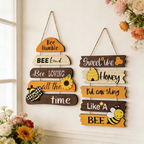 Bee Day Wooden Hanging Sign Decorative Sunflower Bumblebee Wall Decor Farmhouse Rustic Welcome Plaque For Home Front Door