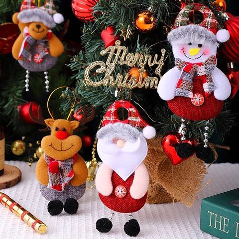 Christmas Hanging Doll Pendant Santa Snowman Reindeer Bear Plaid Hat Bead Legs Xmas Tree Window Decor Ornaments Gift