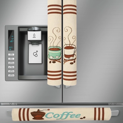 Burlap Refrigerator Handle Covers Vintage Coffee Pattern Kitchen Appliance Protector For Oven Microwave Dust Proof Protective Glove Home Decor