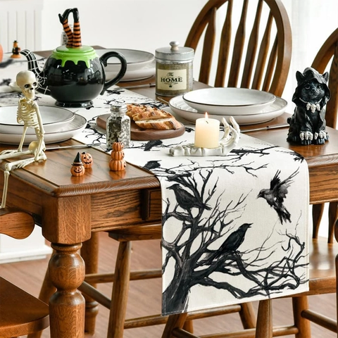 Halloween Tafelloper Linnen Katoen Gothic Raaf Kraai Dode Boom Patroon Eetkamer Keuken Feest Decoratie