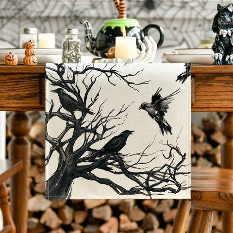 Halloween Tafelloper Linnen Katoen Gothic Raaf Kraai Dode Boom Patroon Eetkamer Keuken Feest Decoratie