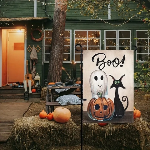 Halloween Gartenfahne Polyester Cartoon Geist Kürbis Schwarze Katze Gartenbanner Für Outdoor Hof Terrasse Party Dekoration