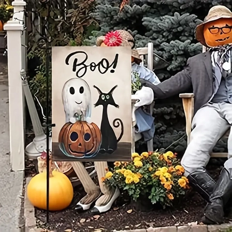 Halloween Garden Flag Polyester Outdoor Yard Banner With Ghost Pumpkin Black Cat Pattern For Holiday Home Decoration