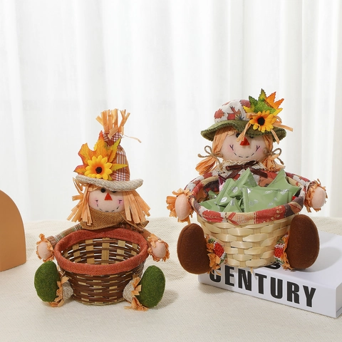Panier À Bonbons Épouvantail Gnome Thanksgiving Récolte Automne Tournesol Feuille Érable Bambou Tissé Décor Table