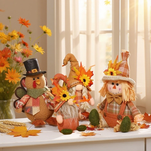 Erntedankfest Gnome Plüsch Vogelscheuche Truthahn Puppen LED Licht Sonnenblume Ahornblatt Herbst Tischdeko