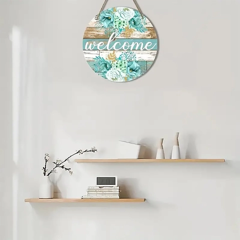 Cartello Benvenuto Rotondo Legno Motivo Floreale Corda Di Iuta Targa Da Parete Decorazione Casa Porta Ingresso Rustico