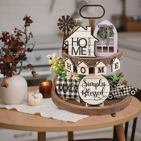 Ensemble Décoration Plateau À Étages Ferme Rustique En Bois Signes Home Blessed Carreaux Buffalo Citrouille Camion Décorations Table