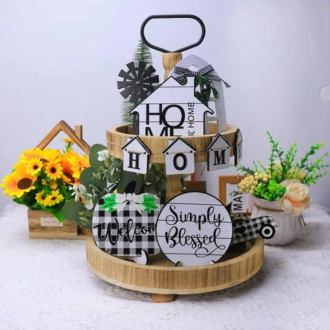 Ensemble Décoration Plateau À Étages Ferme Rustique En Bois Signes Home Blessed Carreaux Buffalo Citrouille Camion Décorations Table