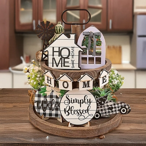 Decoración Bandeja Escalonada Madera Granja Mesa Cuadros Búfalo Casa Camión Molino Viento Letreros Home Sweet Home Adornos Cocina
