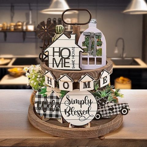 Decoración Bandeja Escalonada Madera Granja Mesa Cuadros Búfalo Casa Camión Molino Viento Letreros Home Sweet Home Adornos Cocina