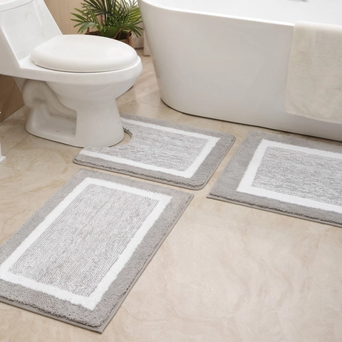 Bathroom Rug Mat Microfiber Thick Absorbent Non Slip TPR Bottom For Shower Tub Toilet Geometric Border Modern Gray White