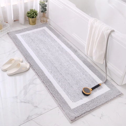 Bathroom Rug Mat Microfiber Thick Absorbent Non Slip TPR Bottom For Shower Tub Toilet Geometric Border Modern Gray White