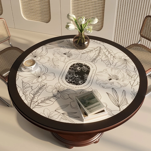 Tovaglia Rotonda Pelle PVC Impermeabile Resistente All'olio E Al Calore Stampa Floreale Vintage Stile Nordico