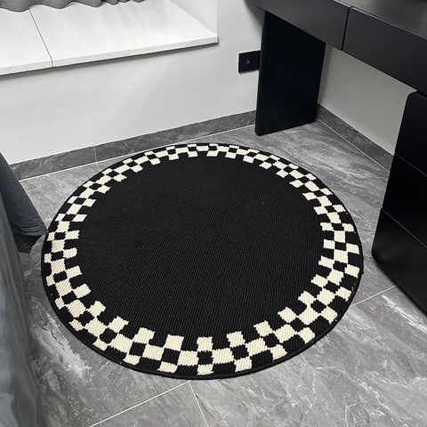 Tappeto Rotondo Moderno Minimalista Bordo A Scacchi Antiscivolo Polipropilene Per Soggiorno Camera Da Letto