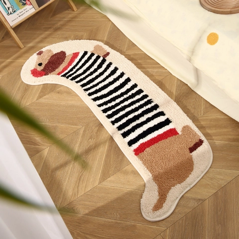 Cute Dachshund Dog Shaped Floor Mat Long Strip Black White Striped Cartoon Plush Rug For Bedroom Bedside Living Room Home Decor