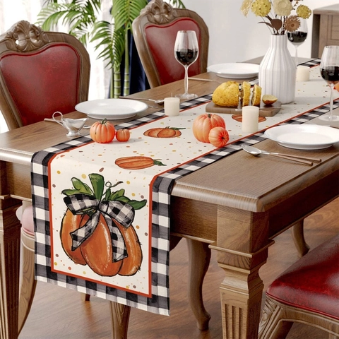 Rustikaler Leinen Herbst Ernte Kürbis Tischläufer Für Erntedankfest Dinner Party Herbst Ahornblätter Gingham Haus Tischdeko