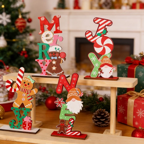 Wooden Christmas Tabletop Ornament Merry Joy Noel Sign Gingerbread Man Gnome Decoration For Home Office Holiday Desktop
