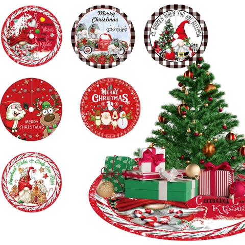 Round Christmas Tree Skirt With Gnome Santa Reindeer Red Truck Pattern Printed Fabric Festive Tree Base Decoration For Xmas Holiday Party