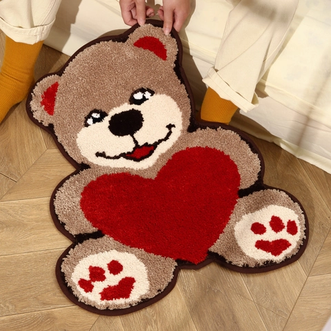 Tapis De Chambre Mignon En Forme D'Ours En Peluche Avec Cœur Tapis De Sol Tufté Doux Et Antidérapant Pour Enfants