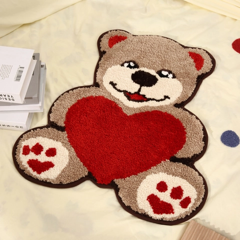 Tapis De Chambre Mignon En Forme D'Ours En Peluche Avec Cœur Tapis De Sol Tufté Doux Et Antidérapant Pour Enfants