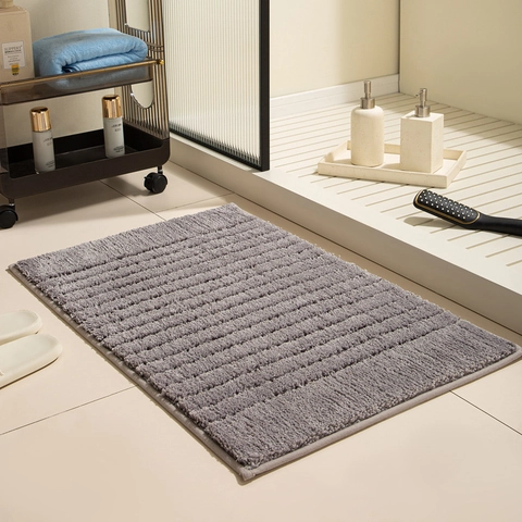 Striped Microfiber Bathroom Mat Thickened Fluff Absorbent Quick Dry Non Slip Bath Rug For Shower Entrance Bedroom Solid Color