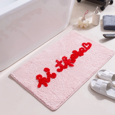 Badmat Met Hi There Letters Gevlokt Polyester Antislip Absorberende Vloermat Roze Voor Badkamer Slaapkamer