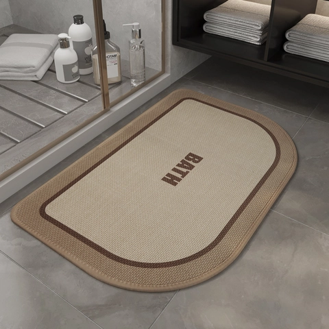 Bathroom Mat Linen Texture Absorbent Quick Dry Non Slip Floor Rug D-Shaped Letter Print Soft Bath Pad