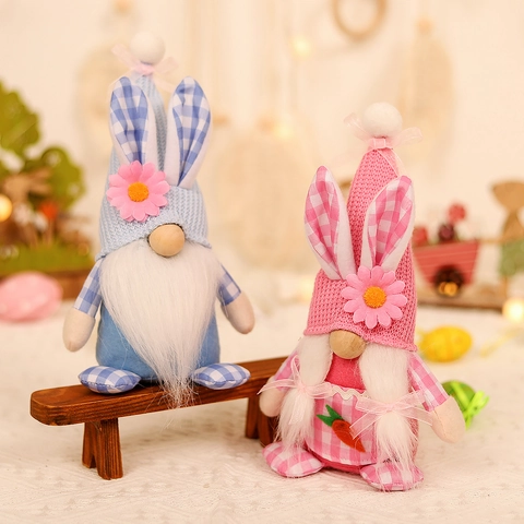 Easter Bunny Gnomes Plush Decorations Rabbit Ears Faceless Gnomes Plaid Forest Man Doll For Spring Home Table Decoration Easter Gift