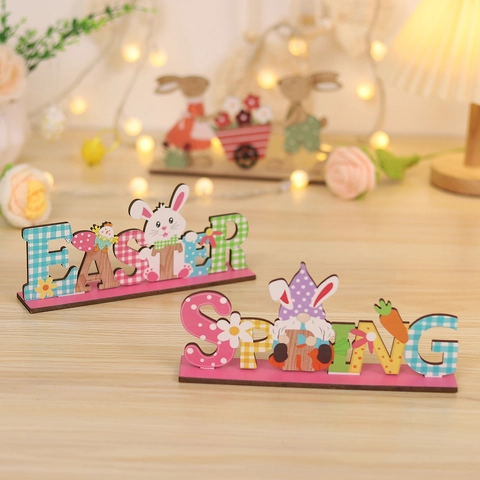 Easter Spring Wooden Letter Table Ornament Colorful Plywood Gnome Rabbit Design Desktop Decoration Festive Party Sign