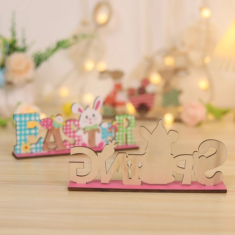 Easter Spring Wooden Letter Table Ornament Colorful Plywood Gnome Rabbit Design Desktop Decoration Festive Party Sign