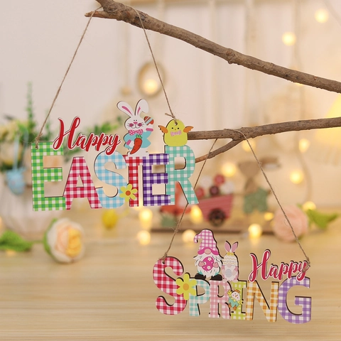 Ostern Frühling Holzschild Kariert Hase Zwerg Küken Hängedeko Happy Easter Spring Wanddeko Zuhause Holz Ornament