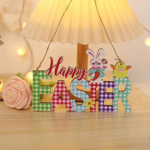 Happy Easter Spring Holz Hängeschild Karomuster Buchstaben Hase Küken Gnom Bunte Holz Ornament Feiertag Haus Wand Deko