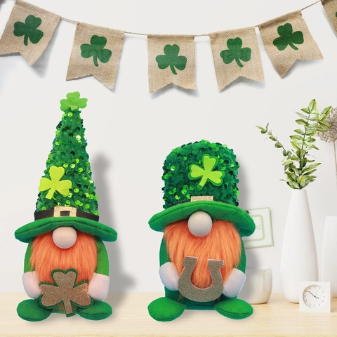 St. Patrick's Day Gnome Faceless Doll Green Sequin Hat With Shamrock Horseshoe For Irish Festival Home Table Window Decor
