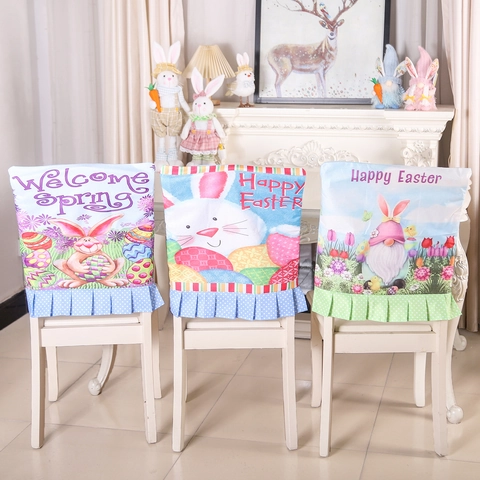 Ostern Stuhlhussen Polyester Stoff Hase Ei Zwerg Druck Rüschensaum Punktmuster Esszimmer Home Party Dekor
