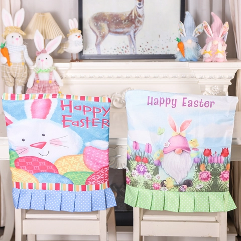 Ostern Stuhlhussen Polyester Stoff Hase Ei Zwerg Druck Rüschensaum Punktmuster Esszimmer Home Party Dekor