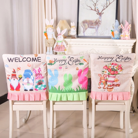 Happy Easter Chair Back Covers Faux Linen Rabbit Gnome Print Polka Dot Ruffle Hem Holiday Home Party Dining Decor