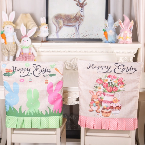 Happy Easter Chair Back Covers Faux Linen Rabbit Gnome Print Polka Dot Ruffle Hem Holiday Home Party Dining Decor