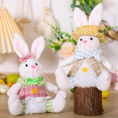 Osterhase Plüschfigur Leuchtend LED Hase Sitzend Schreibtisch Deko Karierter Stoff Heim Feiertag Ornament